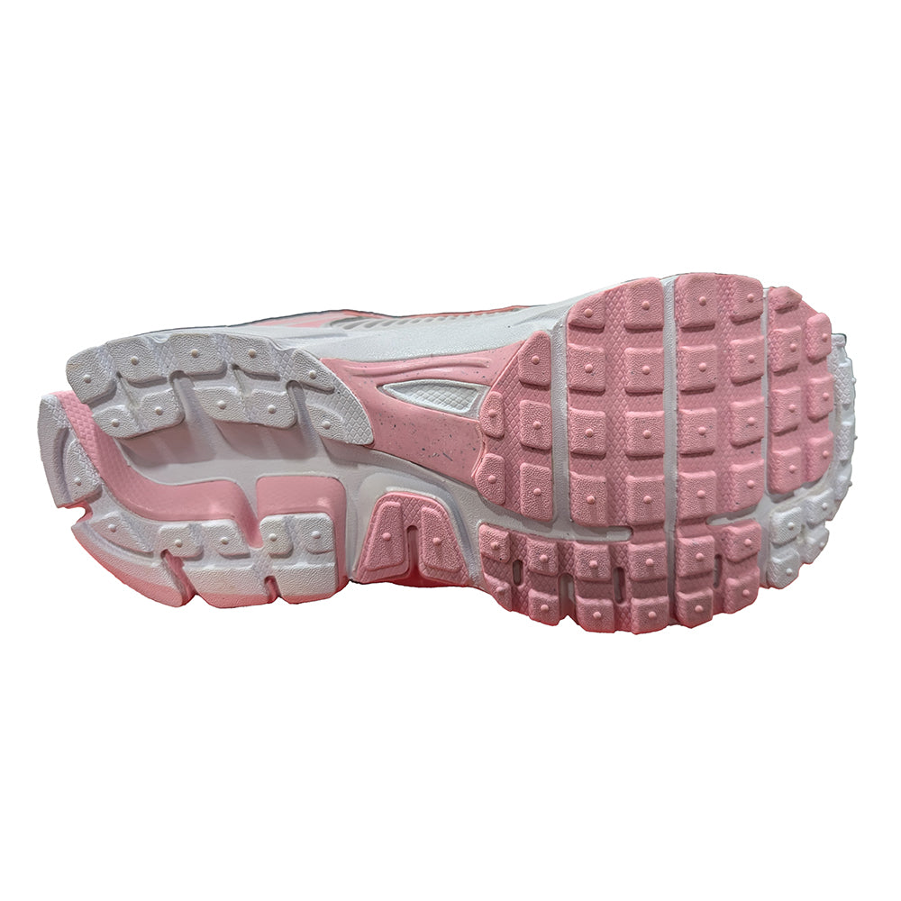Kids Nike Vomero 5 outsole view, grey and pink traction with chunky white midsole.