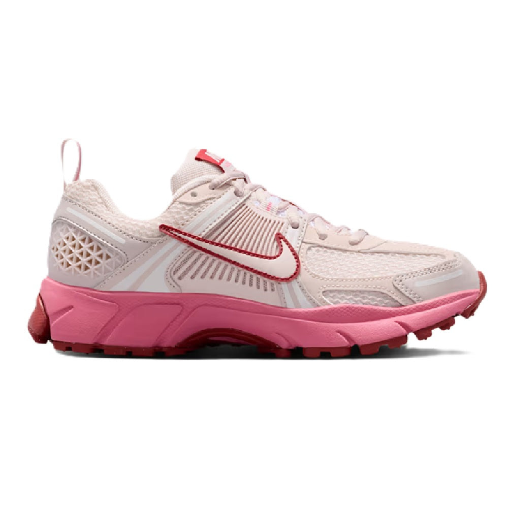Kids lace-up running sneakers, light beige mesh upper with red swoosh and pink midsole