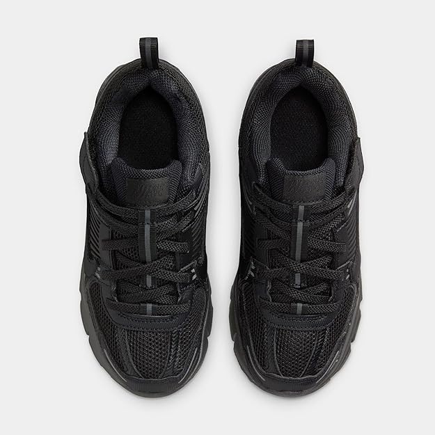 Kids' Nike Vomero 5 black sneakers pair, showing tongues and lace eyelets