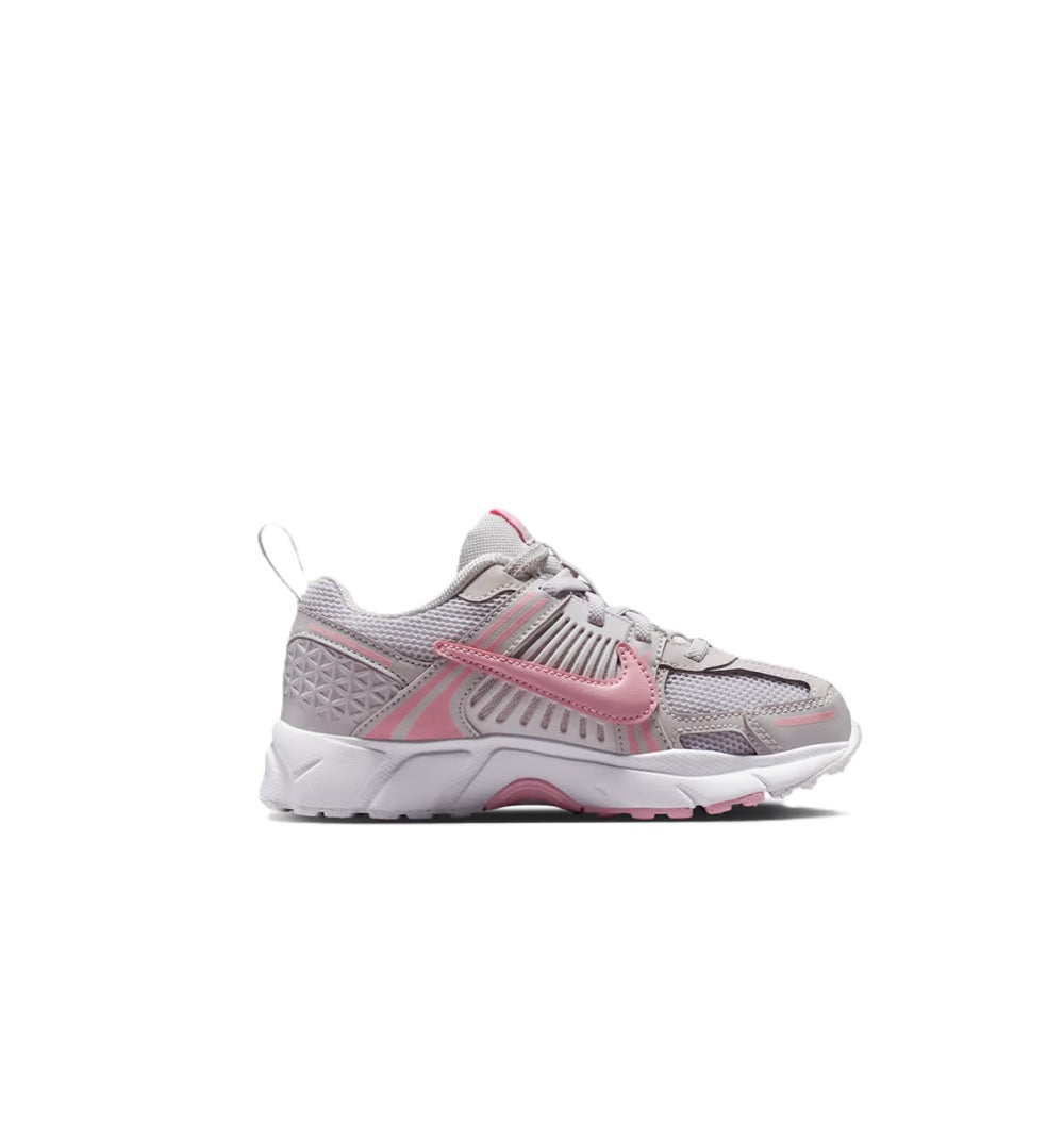 Kids' Nike running shoes, gray upper with pink stripe, side view