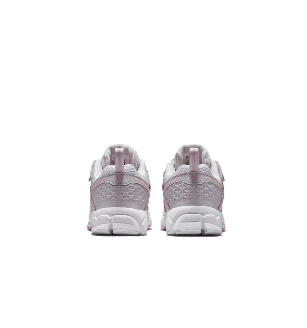 Kids' Nike running shoes, rear view of gray and pink heel, lace-up