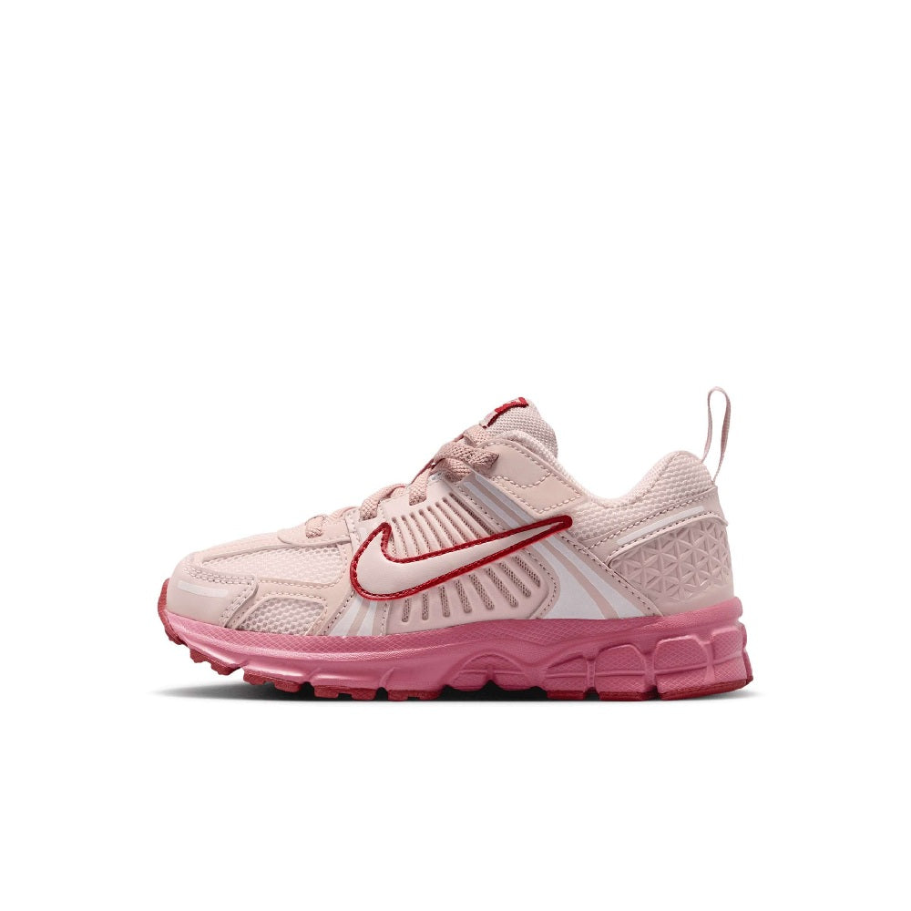 Kids' running shoes, light pink upper with red swoosh and pink platform sole