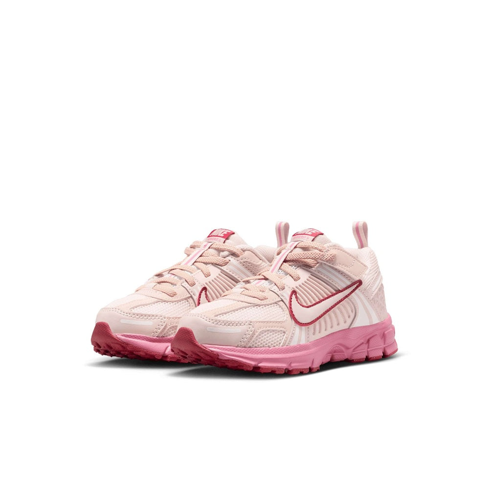 Kids' running shoes, light pink upper with red logo and cushioned pink sole
