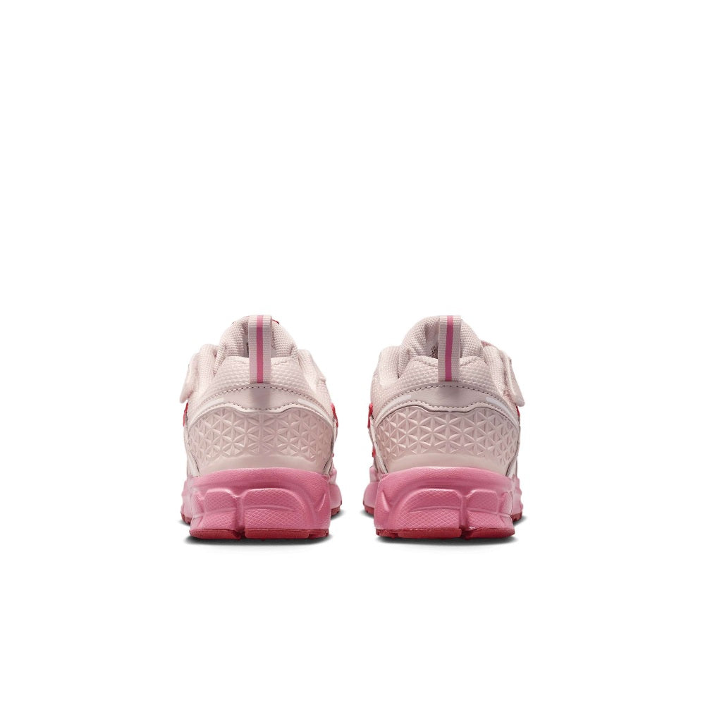 Kids' running shoes heel view, light pink with pink cushioning and red accents