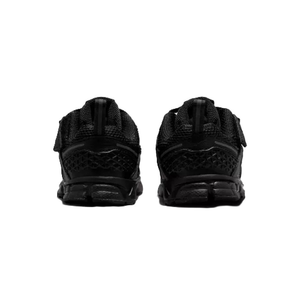 Toddler Nike black sneakers, rear view with cushioned heel and lace-up laces