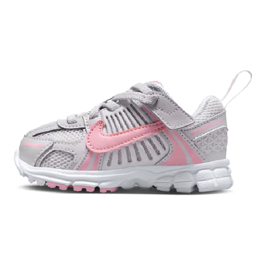 Toddler's Nike Vomero 5 grey sneakers with pink accents and Velcro strap