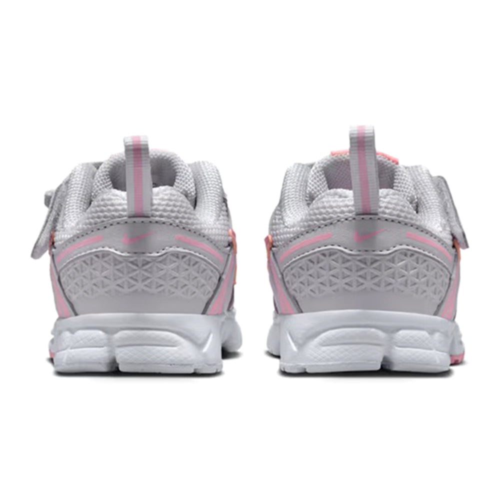 Toddler's Nike Vomero 5 grey sneakers with pink heel trim, rear view