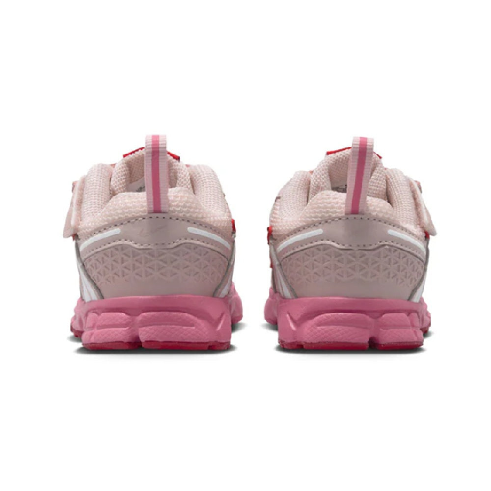 Toddler Nike Vomero 5 shoes, rear view with padded heel, light pink mesh panels, pink sole.