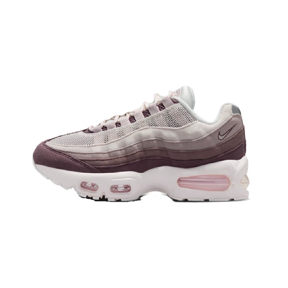 Big kid Air Max 95 sneakers with gray mesh and dark maroon overlays, pink air sole