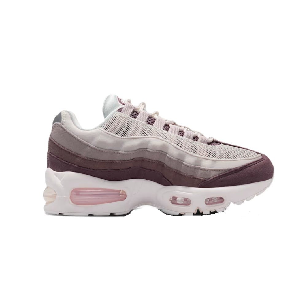 Big kid Air Max 95 sneakers, gray knit upper with dark maroon side panels and pink air units