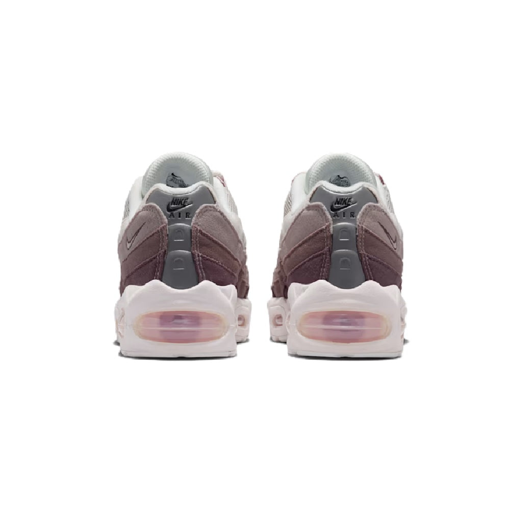 Big kid Air Max 95 sneakers, back view in gray and dark maroon with pink air unit