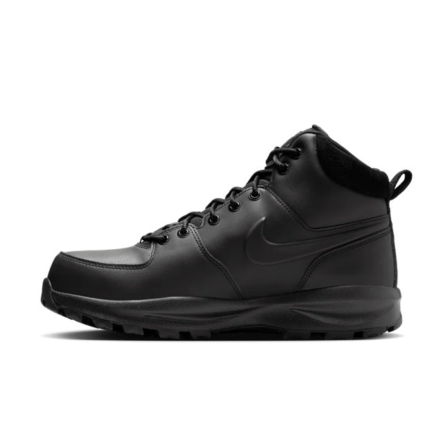 Men's Nike black leather lace-up boots, side view with Swoosh detail