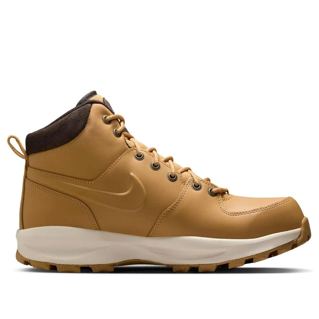 Men's Nike lace-up high-top boot with tan upper, dark padded collar, white midsole