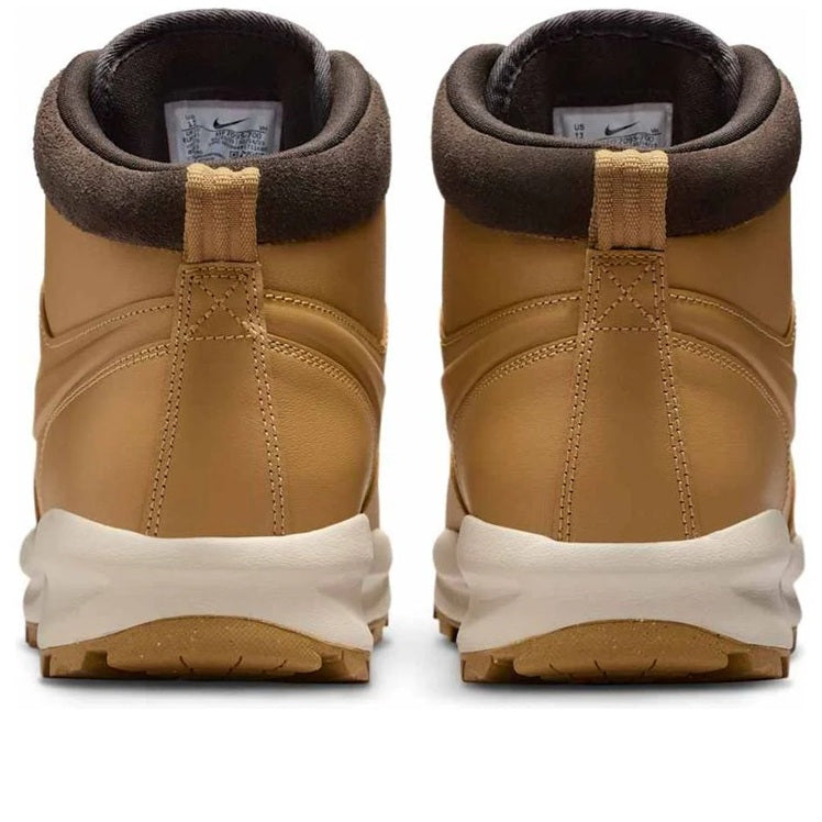 Men's Nike high-top boot heel view with dark padded collar and tan leather upper