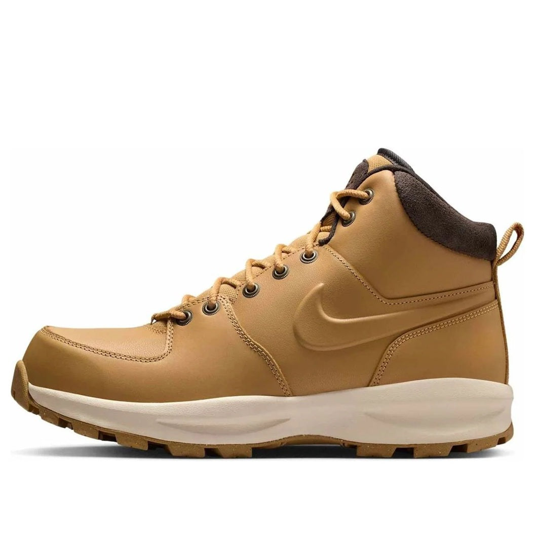 Men's Nike leather high-top boot in tan with dark collar, lace-up, white sole