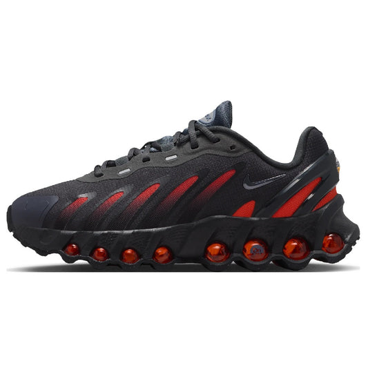 Kids' Nike Air Max DN8 dark gray sneakers with red stripes and orange air pods