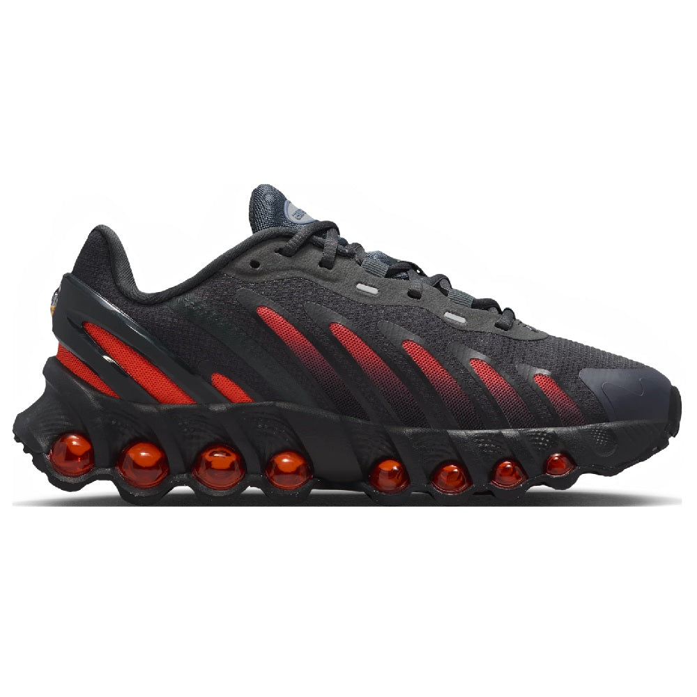 Kids' Nike Air Max DN8 dark gray sneakers, red slashes and orange heel air pods