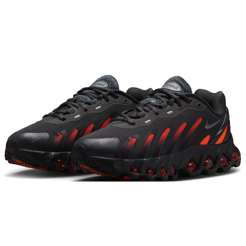 Kids' Nike Air Max DN8 pair sneakers, dark gray with red accents and orange air sole