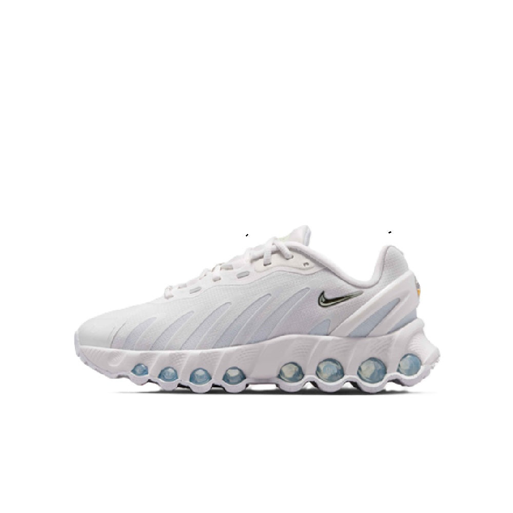 Kids' running sneakers in light gray with blue Air Max bubble sole and laces