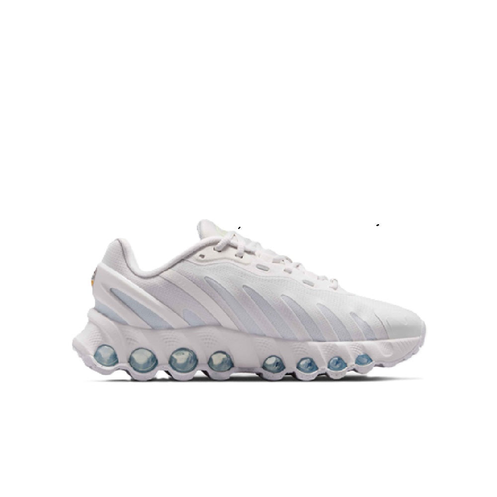 Kids' running sneakers, side view: light gray upper with blue-striped accents