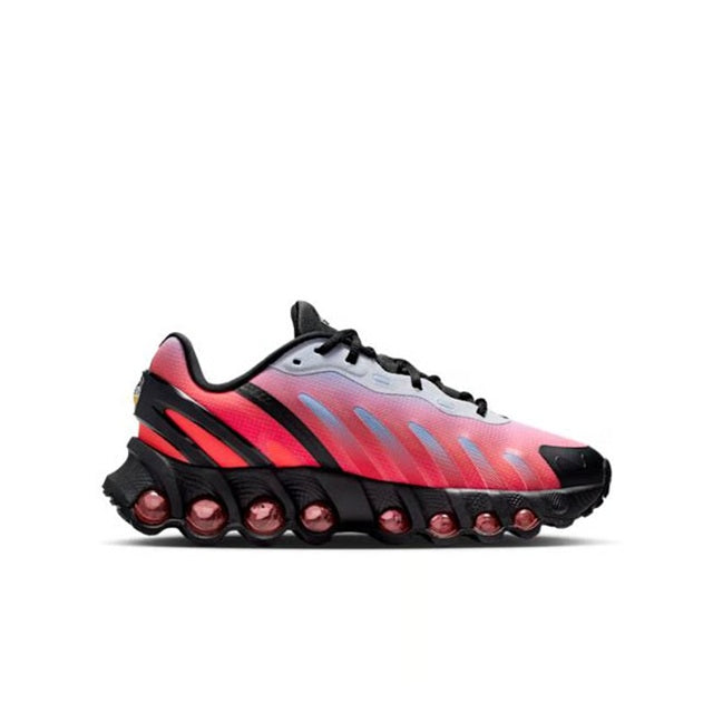 Kids Nike Air Max DN8 sneakers, silver-gray upper with red-pink stripes, black tread