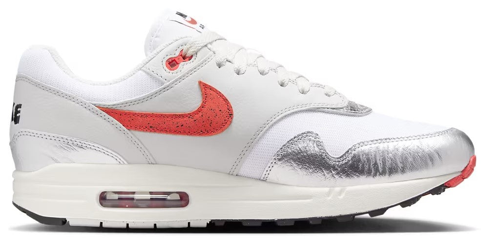 Men's Nike Air Max 1 PRM sneakers, white with red swoosh and metallic toe panel