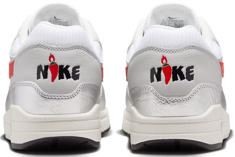Men's Nike Air Max 1 PRM sneakers, white heels with Nike logo and red side detail