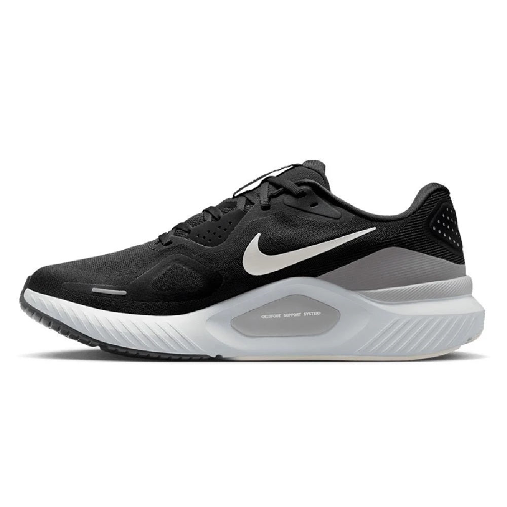 Men's Nike Structure 26 running shoes, side view, black upper with light gray midsole
