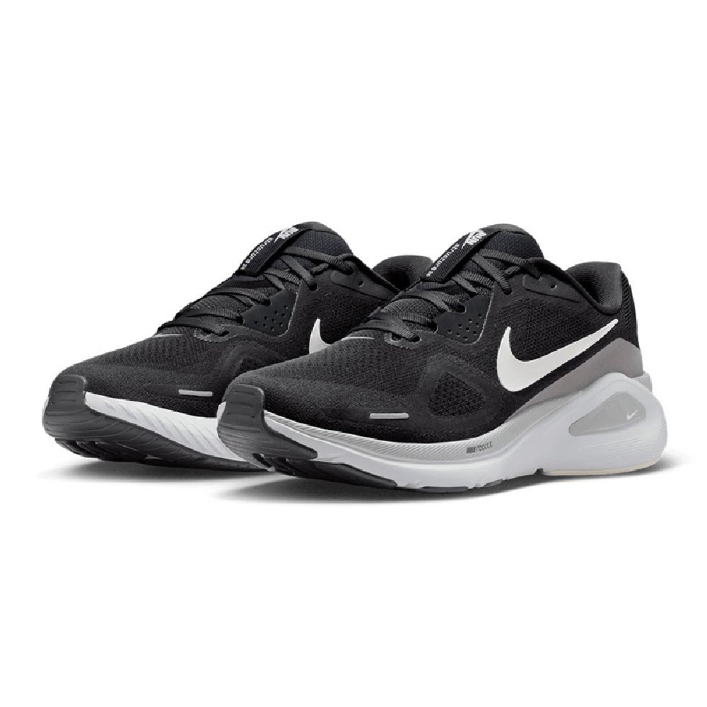 Men's Nike Structure 26 running shoes, pair front view, black upper, white midsole