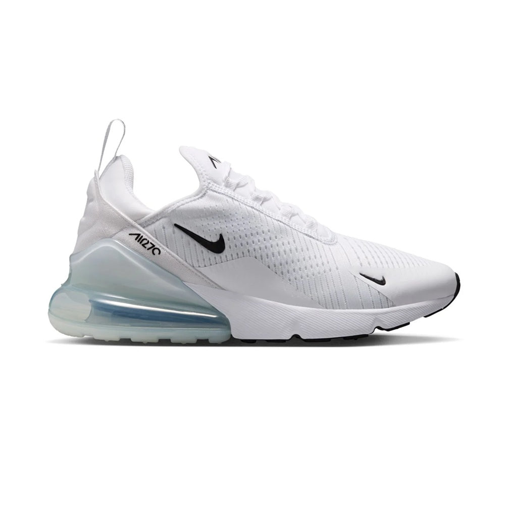 Women's Nike Air Max 270 sneakers, white mesh with black swoosh and visible air unit