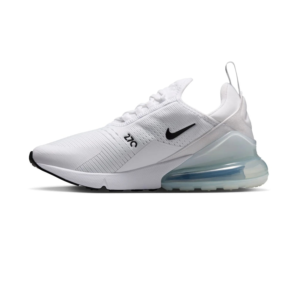 Women's Nike Air Max 270 sneakers, white upper with black swoosh and translucent air sole
