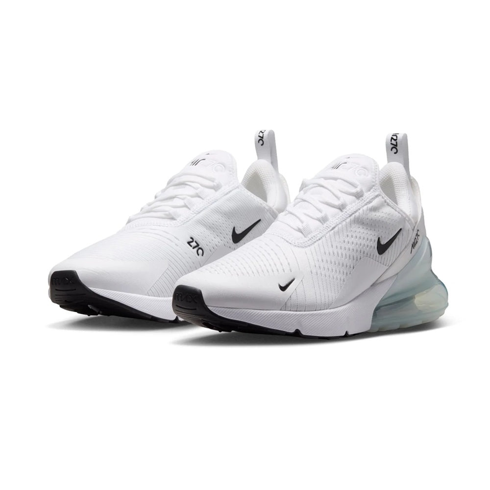 Women's Nike Air Max 270 sneakers, pair view with white knit, black swooshes, air unit