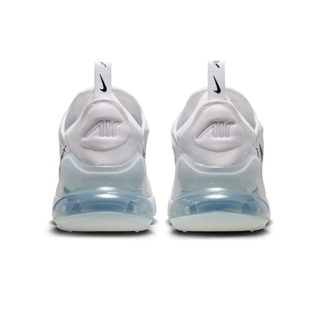 Women's Nike Air Max 270 sneakers, back view with white heel tabs and clear air unit