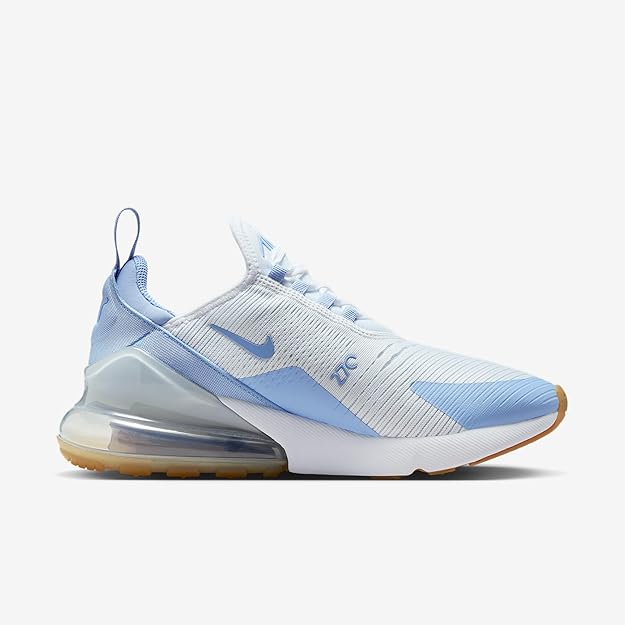 Nike Air Max 270 sneaker, side view, white and light-blue knit upper with clear air sole
