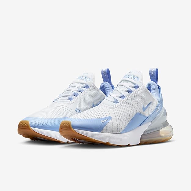 Nike Air Max 270 sneaker, front view, white and blue laces with swoosh and air cushioning