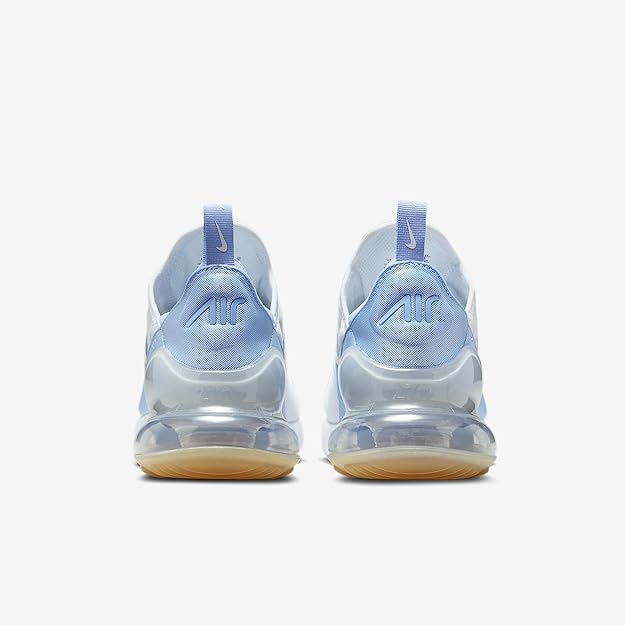 Nike Air Max 270 sneaker, heel view, light-blue heel tab and visible clear air unit