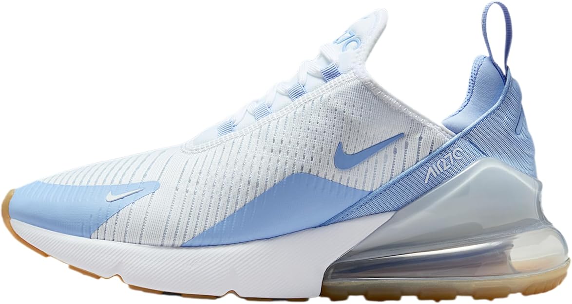 Nike Air Max 270 womens sneaker, white knit with light-blue accents and clear air sole