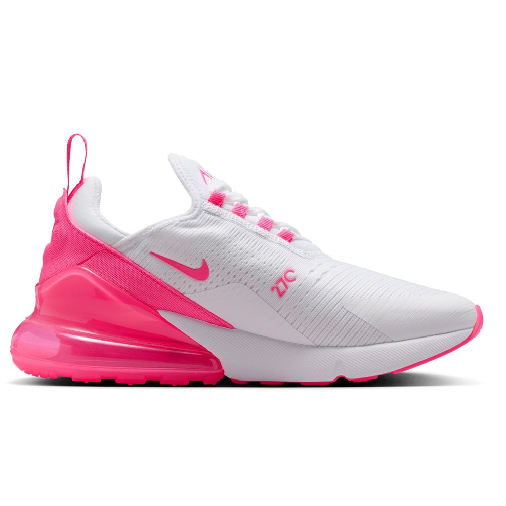 Women's Nike Air Max 270 sneakers, white knit upper with Hyper Pink side accents
