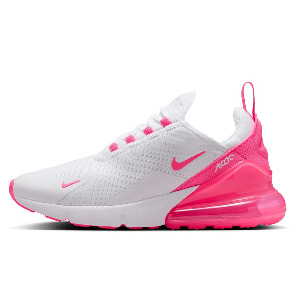 Women's Nike Air Max 270 shoes, white upper with pink swoosh and bright pink sole