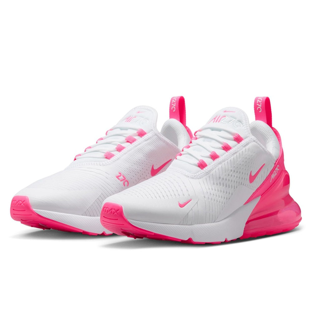 Women's Nike Air Max 270 sneakers, white mesh upper with pink heel and Air cushioning