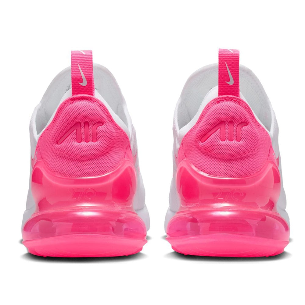Women's Nike Air Max 270 shoes, white heel with bright pink Air unit and pull tab