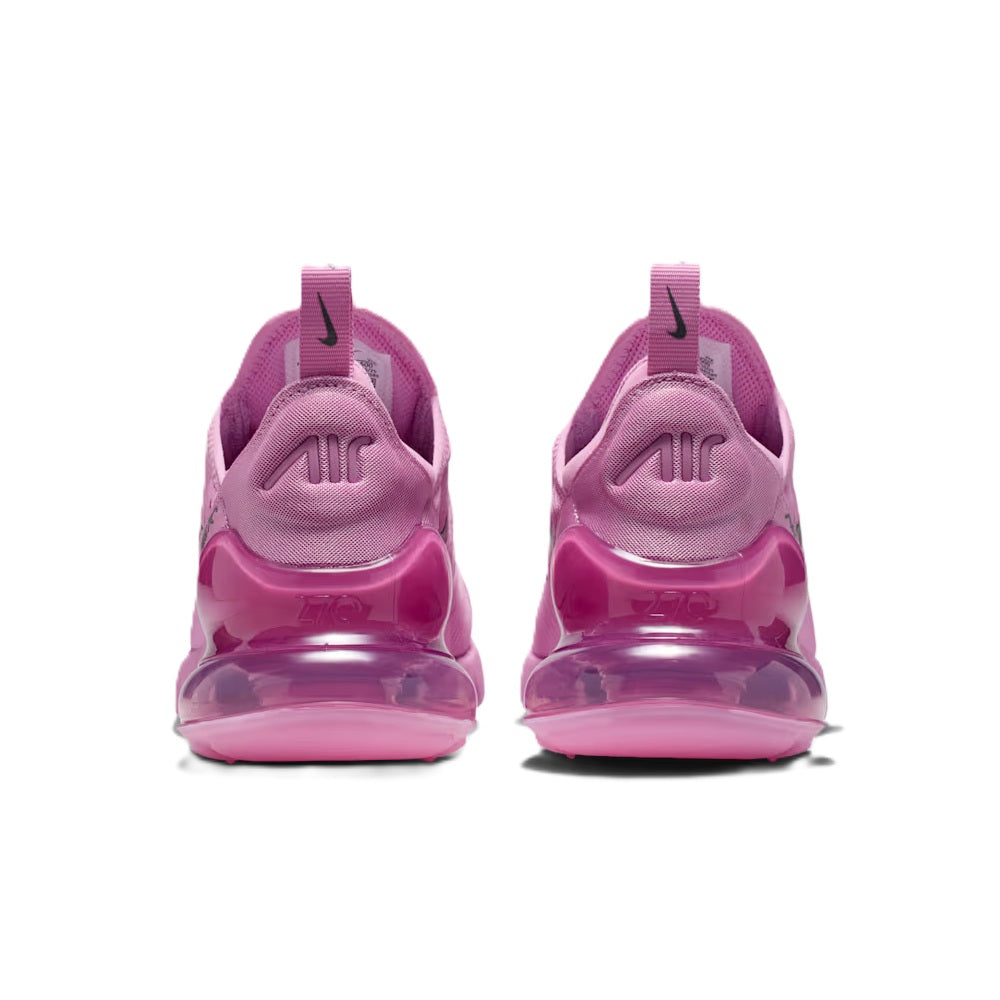 Women's Nike Air Max 270 LT sneaker in magenta, rear view with Air heel unit