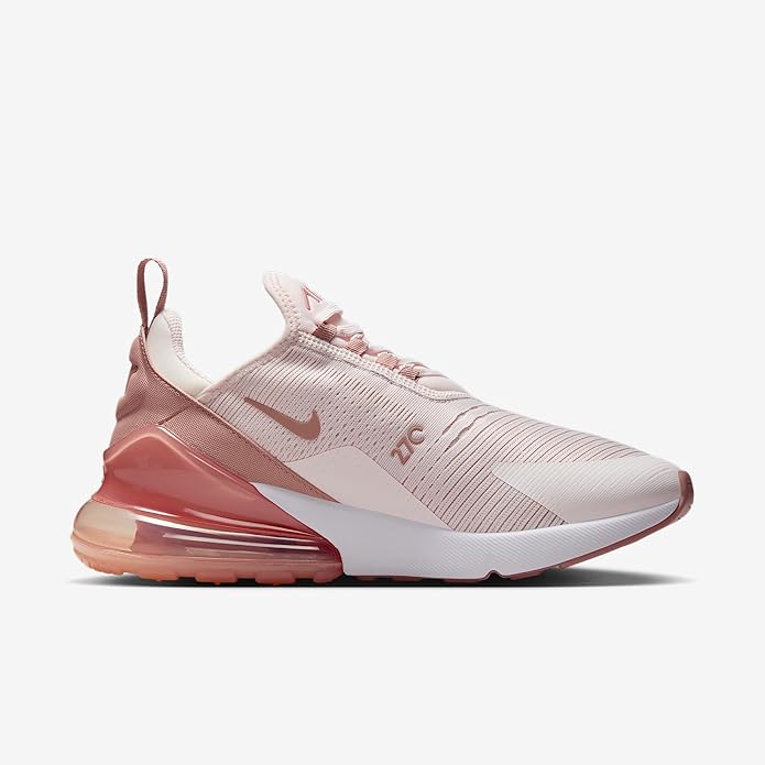 Women's Nike Air Max 270 sneaker, pink/white knit with maroon swoosh and air sole