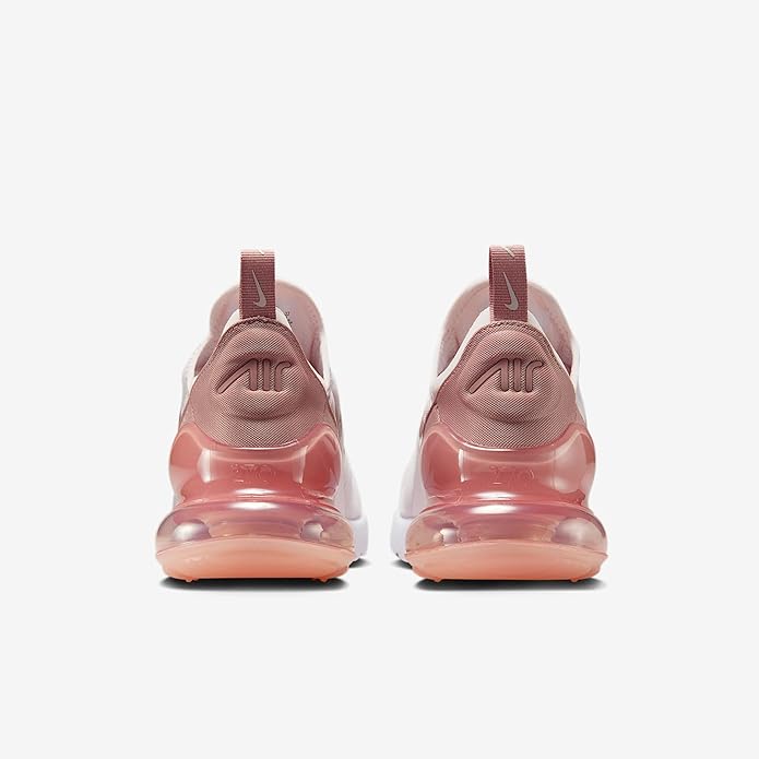 Women's Nike Air Max 270 sneaker, rear view with pink heel and translucent air unit