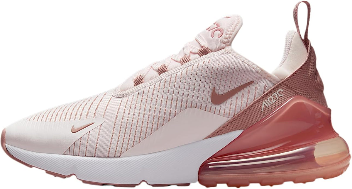 Women's Nike Air Max 270 sneaker, pink and white knit upper, visible air-cushion sole