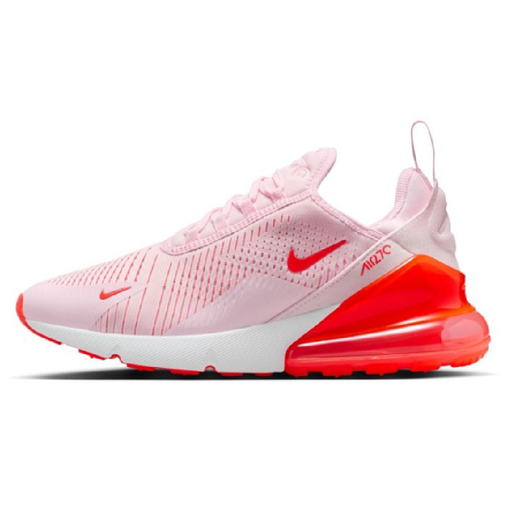 Pink Nike Air Max 270 women's running sneaker with visible Air unit and red sole