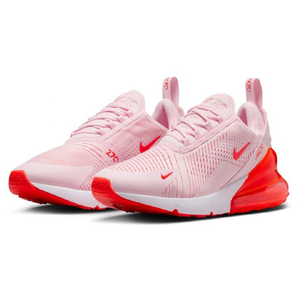 Pink Nike Air Max 270 women's lace-up sneaker with red Air pods, front view