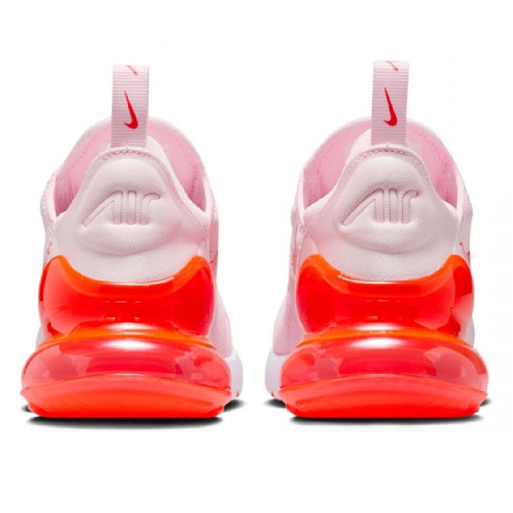 Pink Nike Air Max 270 women's heel, red translucent Air midsole, rear view