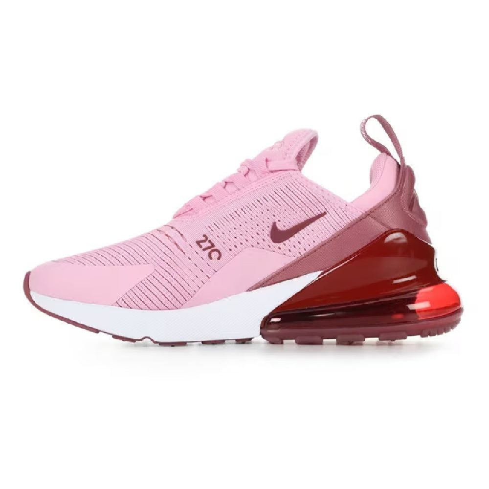 Nike Air Max 270 women's running shoe, pink knit upper with lace-up front