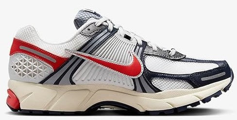 Men's Nike lace-up running shoe in light gray with navy side stripes and red Swoosh
